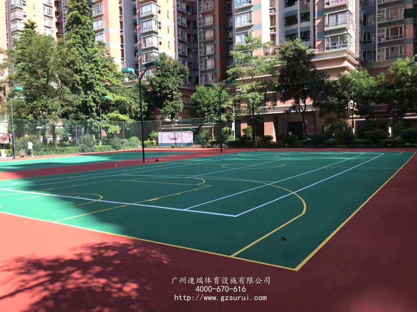 廣州芳村花園小區(qū)丙烯酸藍(lán)球場羽毛球場翻新工程竣工“速瑞體育”